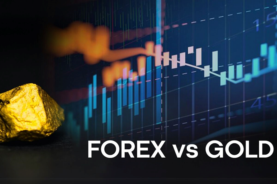 So sánh giữa thị trường Forex và vàng với hình ảnh thanh giá và khối vàng – minh họa sự khác biệt trong đầu tư.