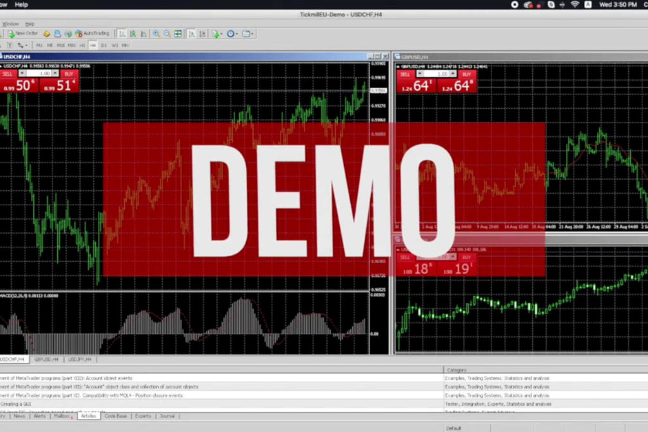 Màn hình giao diện MetaTrader với dòng chữ “DEMO” nổi bật – minh họa cho tài khoản giao dịch thử nghiệm không rủi ro.