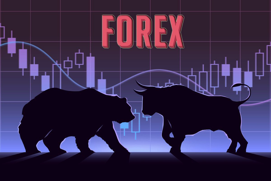 Biểu tượng bò và gấu thể hiện sự biến động thị trường Forex với nền biểu đồ giá.